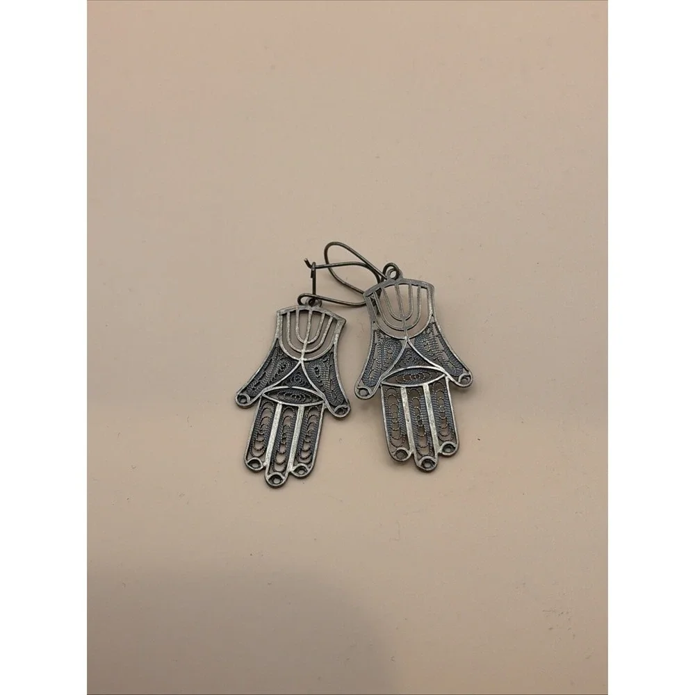 Vtg 925 Sterling Silver Filigree‎ Hamsa Menorah Dangle Earrings Israel Judaica